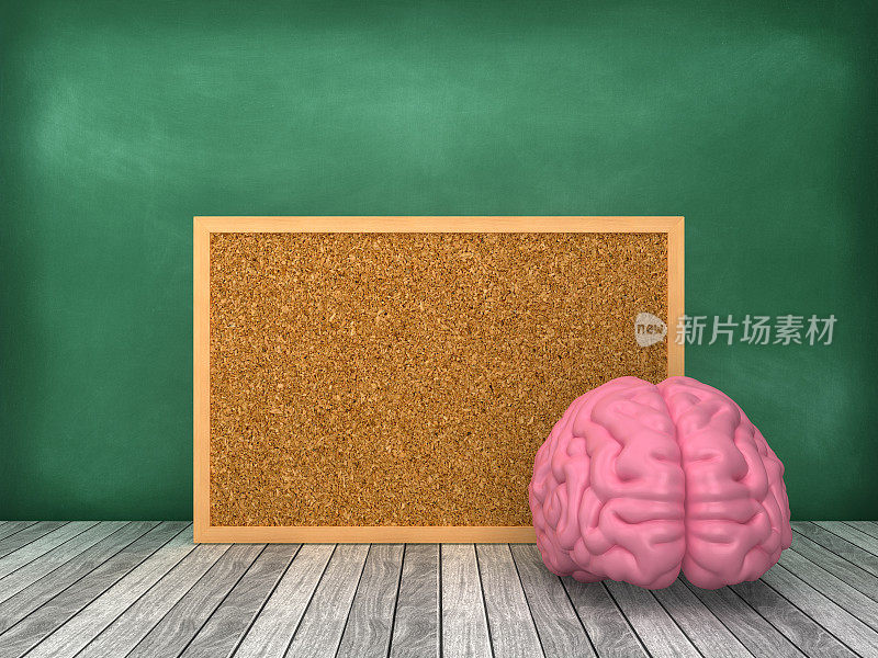 在黑板背景上使用木板框架的人脑- 3D渲染